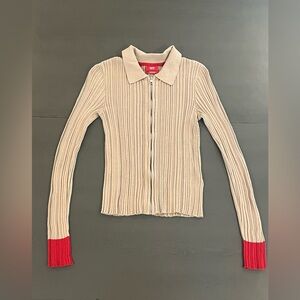 Esprit Beige Ribbed Sweater with Red Accents